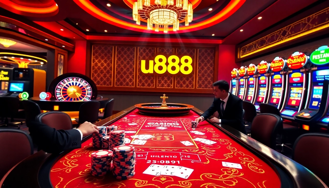 Experience the thrill of gambling at u888 with vibrant casino scenes featuring poker tables and slot machines.