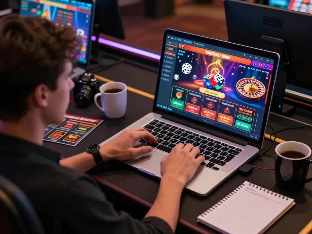 Player engaging in online casino gaming on their laptop, showcasing mm88's vibrant slots and roulette.