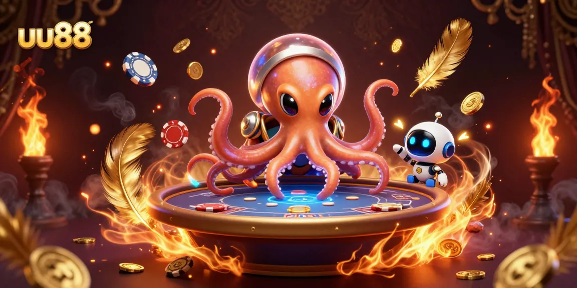 Experience thrilling poker action with uu88's 3D alien octopus and robot at a holographic table