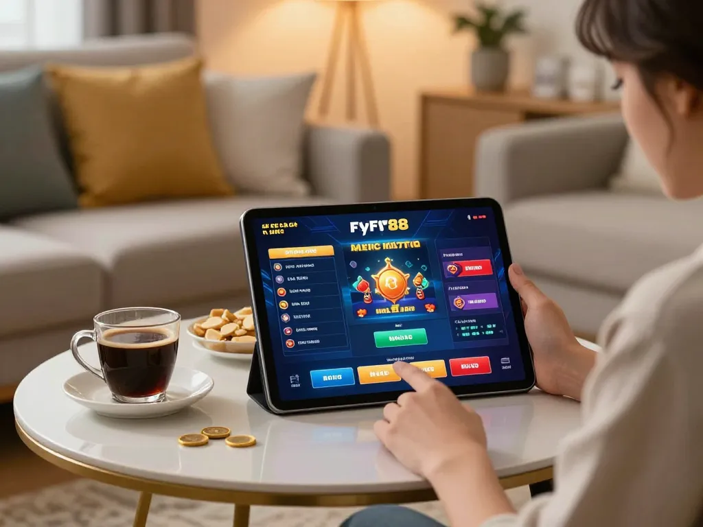 Engaging with nhà cái fly88 on a tablet in a cozy home setting, showcasing real-time betting.