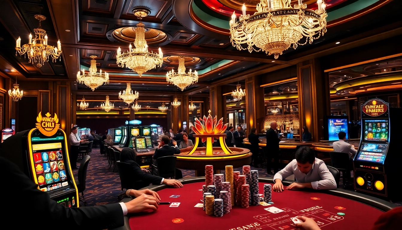 Exciting gambling scene at trang chủ 789p featuring players at poker and slot machines in a luxurious casino.