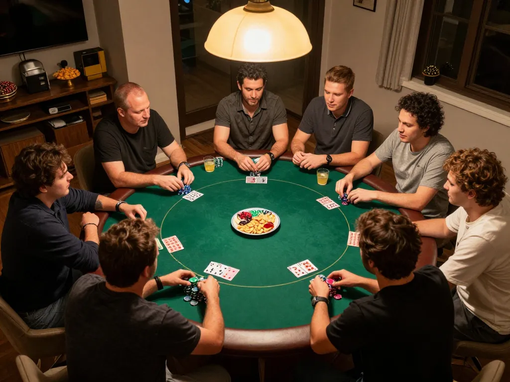 Friends enjoying a poker night at home, showcasing strategic gameplay with MMOO chips and cards.