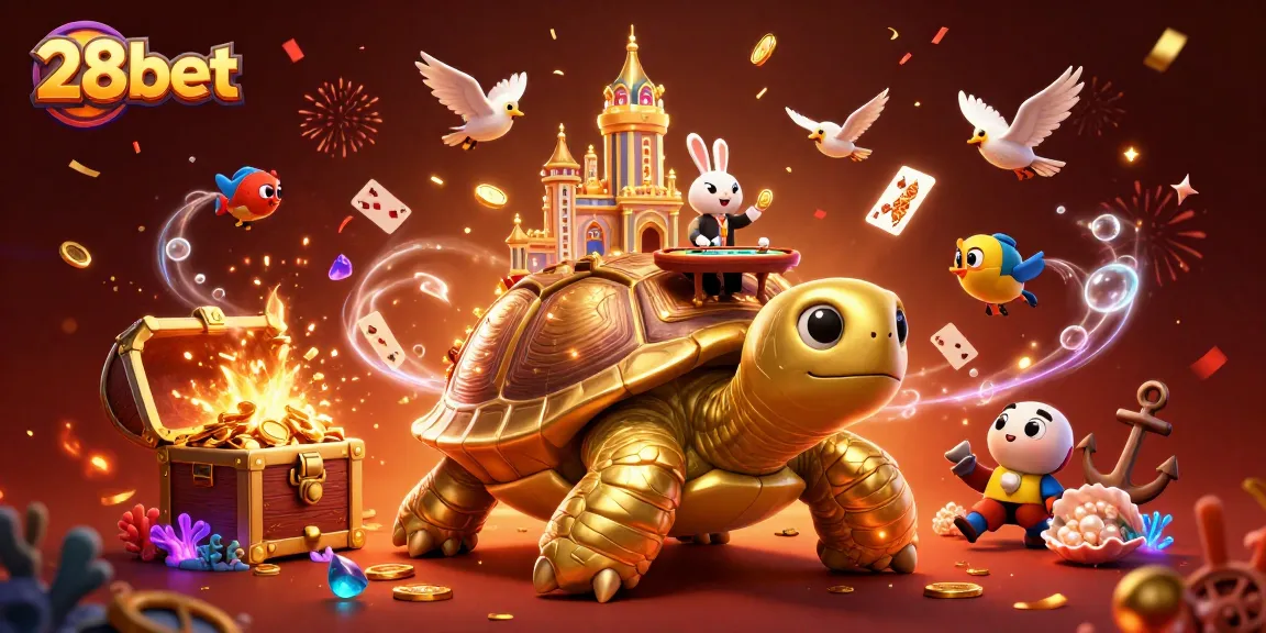 Experience the excitement of 28bet with vibrant games and a golden tortoise casino in this dynamic illustration.
