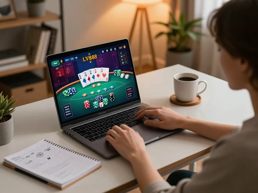 Player enjoying LV88 online casino experience at home with poker interface displayed