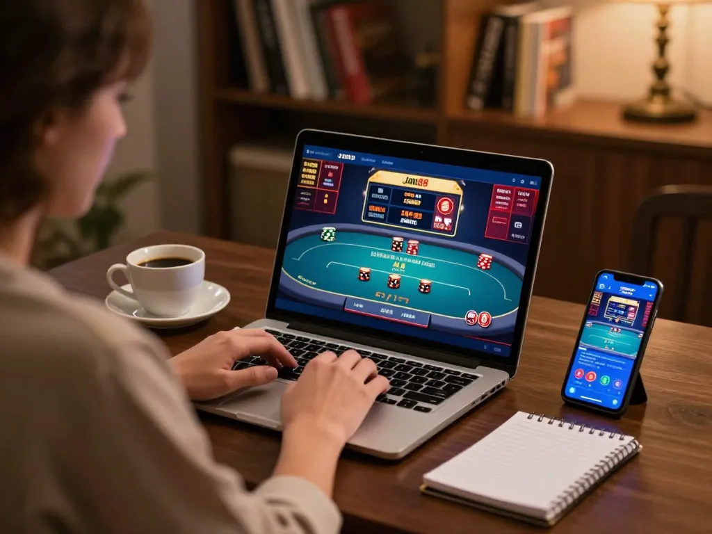 Engaging with jun88 online casino on multiple screens, showcasing responsible gambling