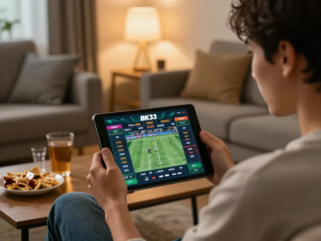 Player engaging with sports betting on BK33's app, showcasing live odds on tablet.