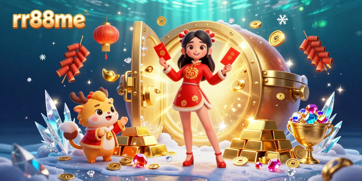 Win big with rr88me at the vivid Lunar New Year casino scene featuring gold ingots, treasure vaults, and festive decorations.
