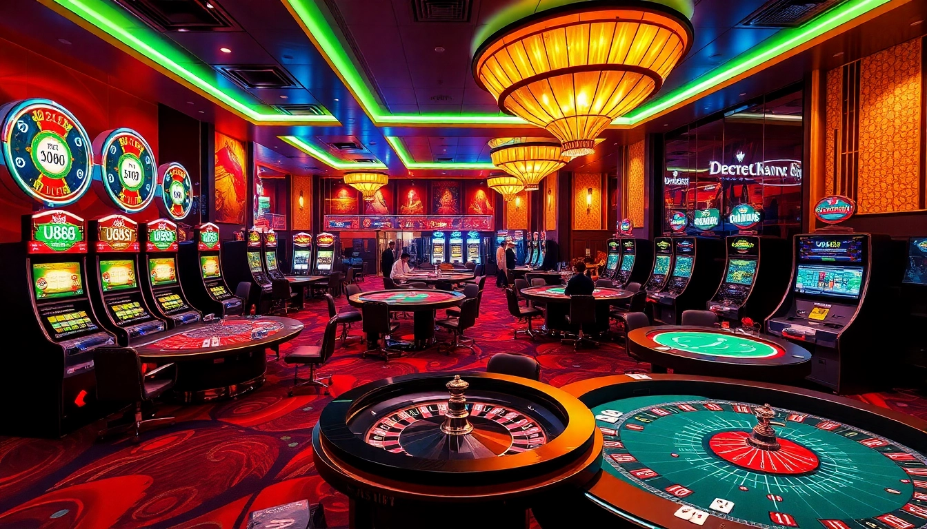U888 players enjoying an exhilarating casino environment with vibrant tables and slot machines.