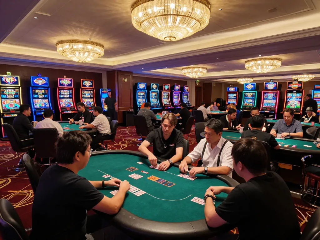 Fly88 players strategizing at poker tables in a luxurious casino environment with vibrant lighting.
