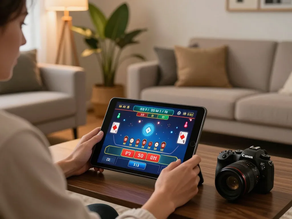 Engaging in blackjack gameplay on 78win tablet in a cozy home setting.