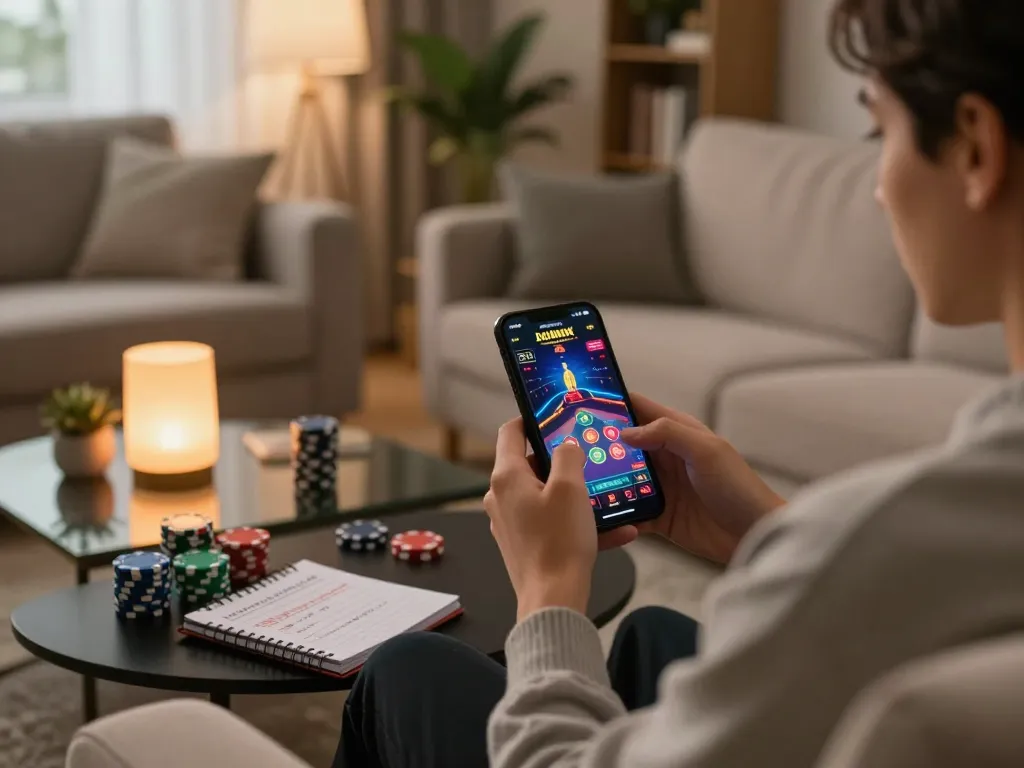 Engage with new88blog on mobile gaming strategies through a cozy living room setup with a vibrant casino interface.