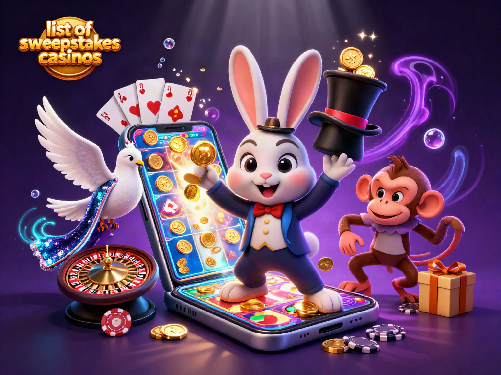 Engage with the list of sweepstakes casinos where a magician rabbit unfolds golden coins amidst a vibrant casino scene.