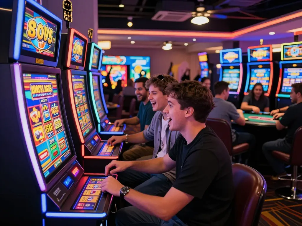 Lucky 88 slot machine winning moment with coins cascading, players cheering on vibrant casino floor.