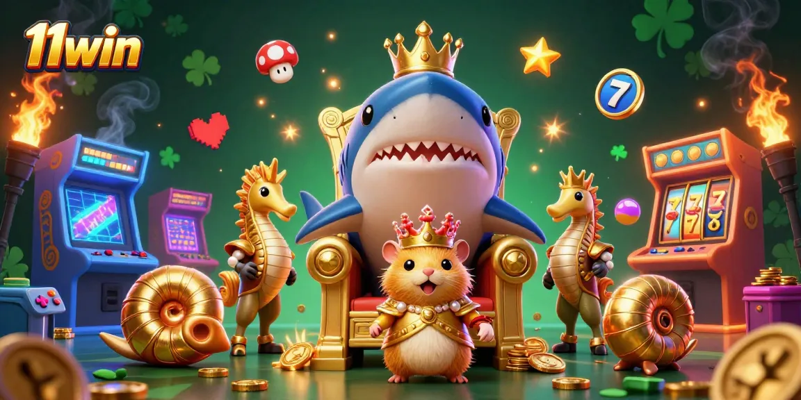 Engage with the vibrant world of 11win as the golden hamster king rules over colorful casino-themed elements.