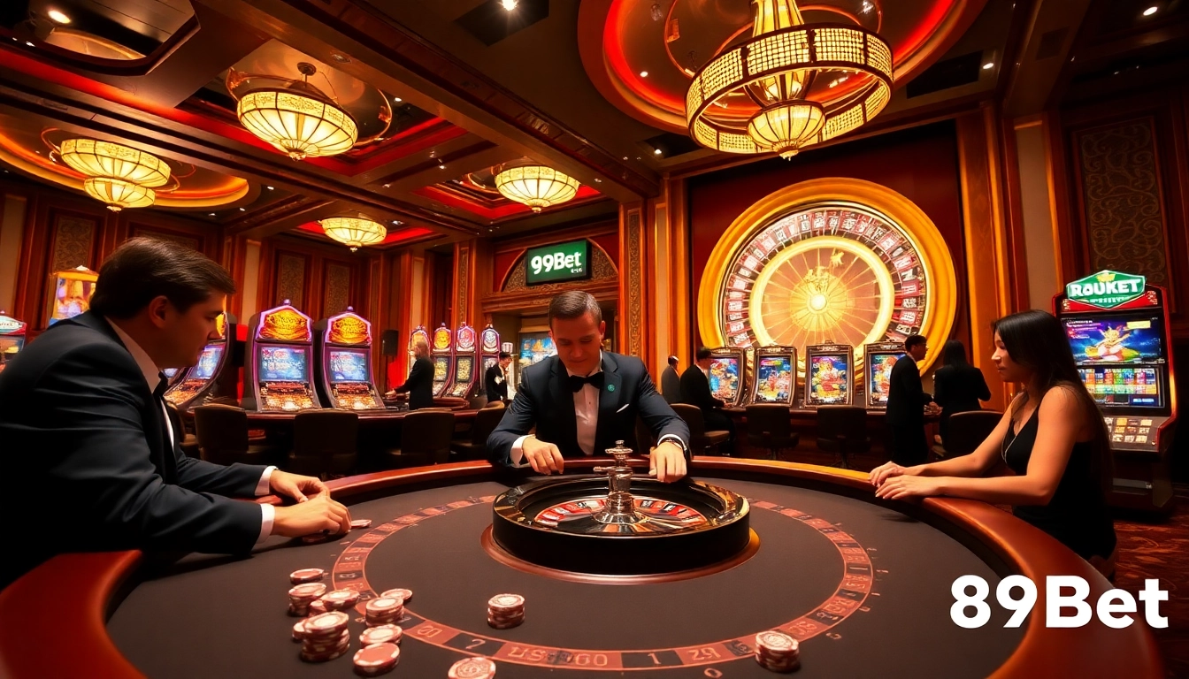 Gamblers enjoying a vibrant casino atmosphere at 89Bet with colorful chips and slot machines.