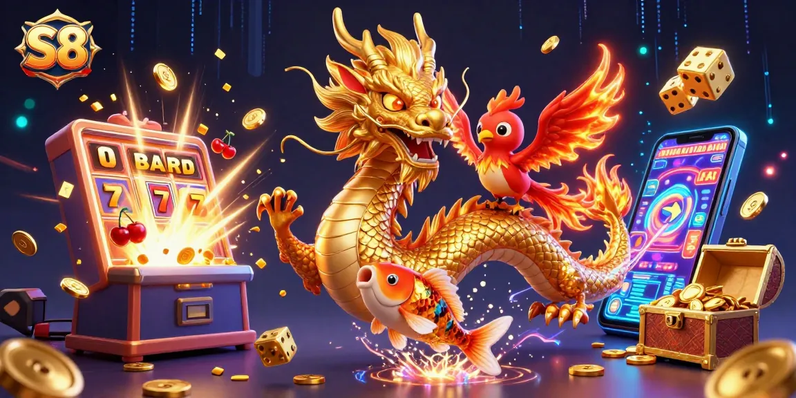 Spin the S8 slot machine for jackpots and feel the thrill of winning in this vibrant 3D casino scene.