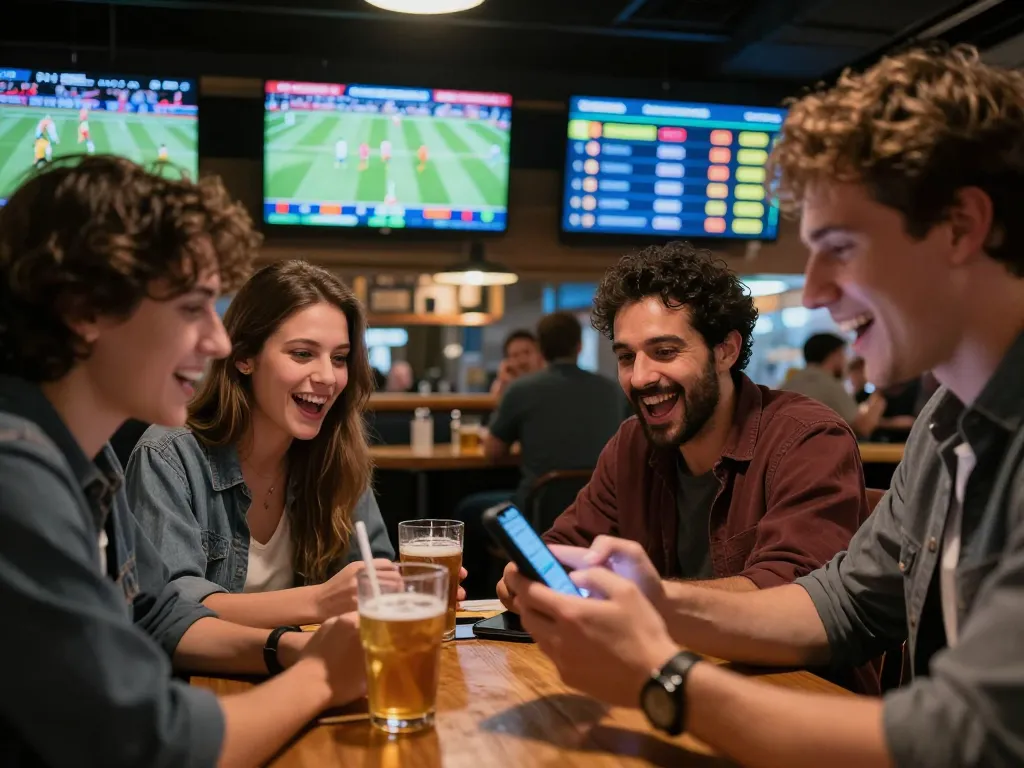 Kèo nhà cái action at a sports bar as an excited bettor uses a smartphone for live betting