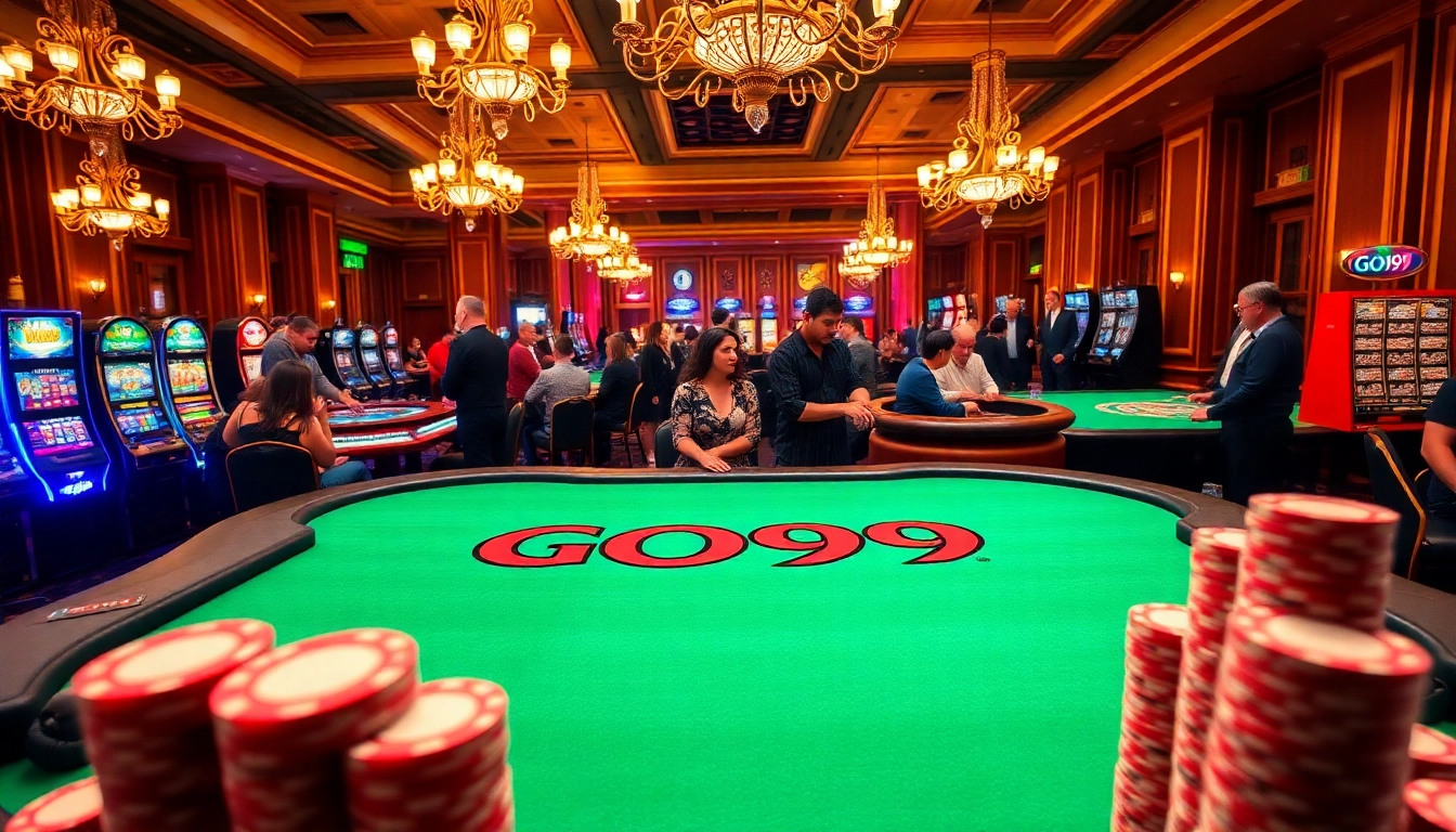 Excited players enjoying games at the GO99 casino table with vibrant poker chips and roulette wheel.
