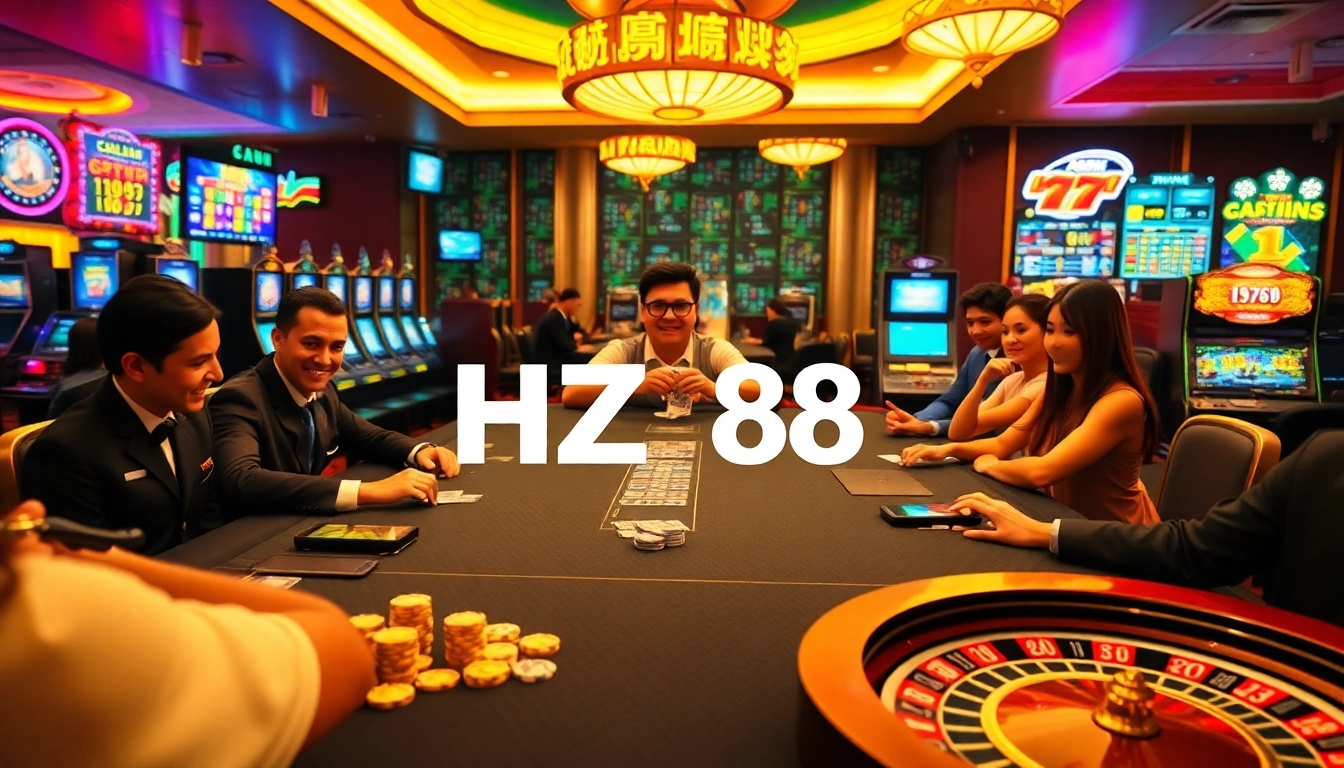 Exciting casino atmosphere with HZ88 branding, poker players in action, and vibrant slot machines.