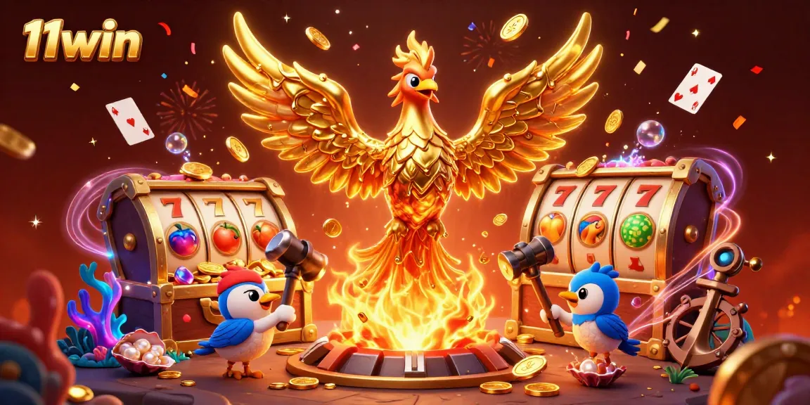 Experience the thrill of winning at 11win with a dazzling phoenix and vibrant casino elements.