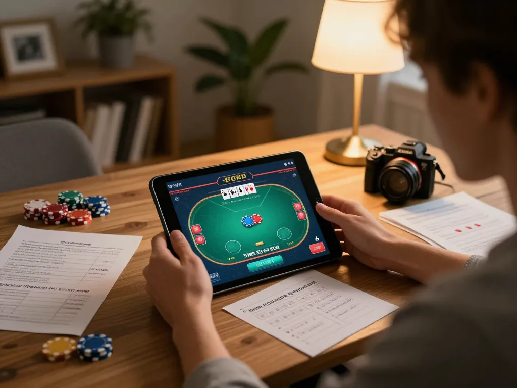 Engaged user navigating https://tr88bet.com/ for responsible online poker gaming in cozy ambiance.