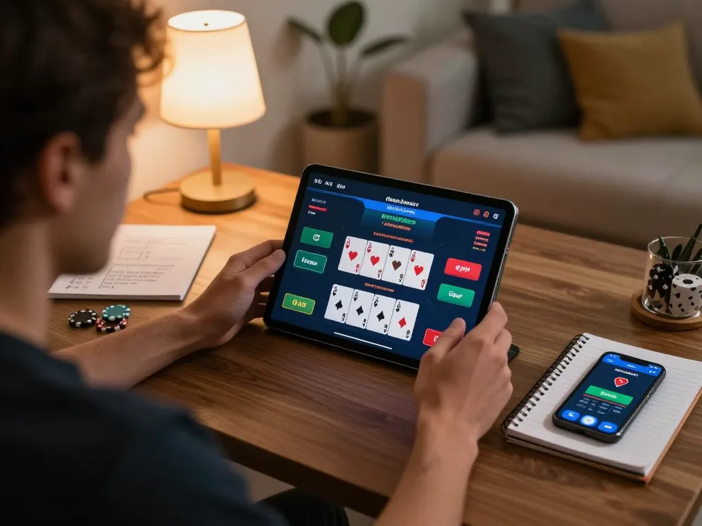 Player strategizing in an online poker session using da88 app on tablet with notes nearby