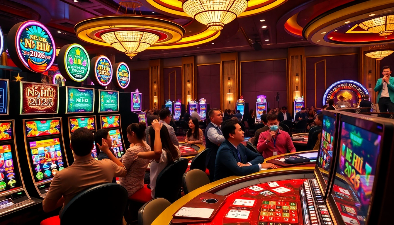 Nổ Hũ 2026 slot machines lighting up a vibrant casino scene with players engaging.