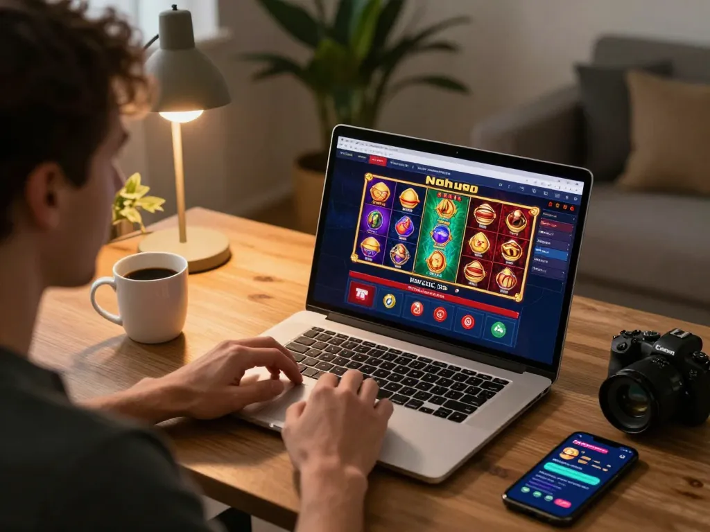 Nohu90 player engaging in online casino slot games from a cozy home setup