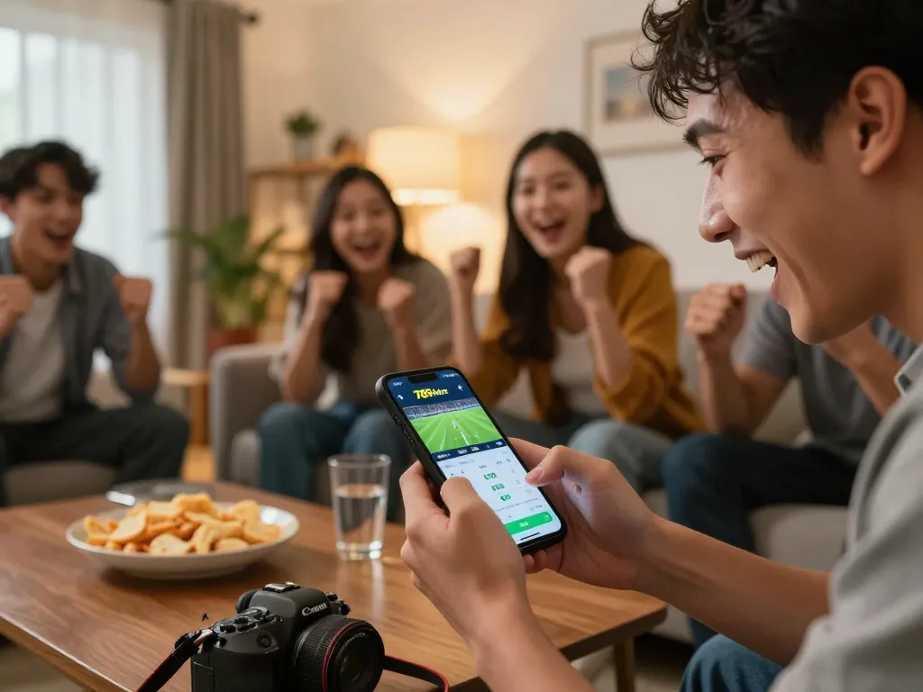 Excited sports bettor using 789win app to place bets during a live match at home.