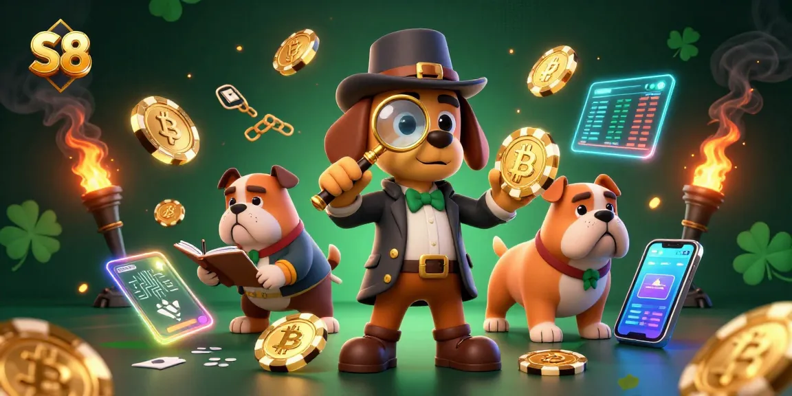 S8 highlights a detective and bulldog in a vibrant casino scene searching for treasures amid glowing crypto elements.