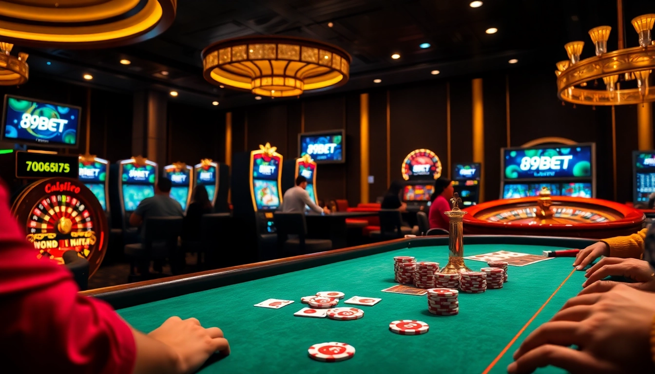 Players enjoying a high-stakes game at nhà cái 89bet casino table with vibrant poker chips and cards.