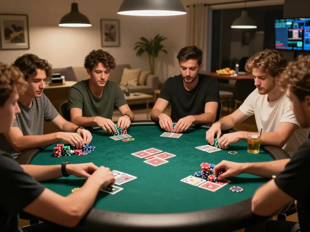 Poker night with friends playing excitedly in a comforting home setting, showcasing sky88's engaging atmosphere