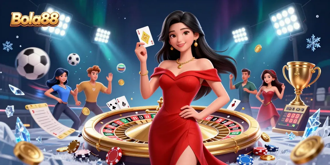 Bola88 offers a winning atmosphere with a confident woman, golden roulette, and vibrant sports elements.