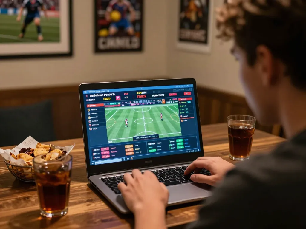 Engaging sports betting at five88 with live display and focused player, creating an exciting atmosphere.