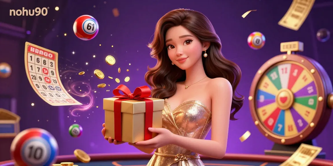 Nohu90 engages players with a vibrant 3D casino illustration featuring a charming Asian woman celebrating with gold coins and dynamic games.