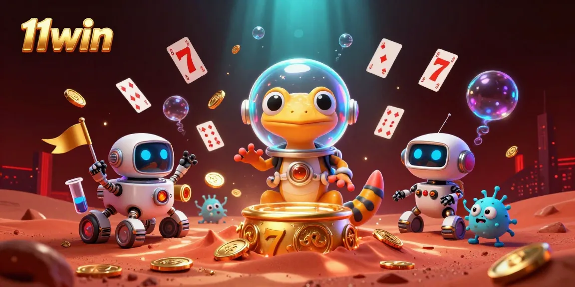 11win features a Martian gecko discovering a vibrant casino amidst floating playing cards.
