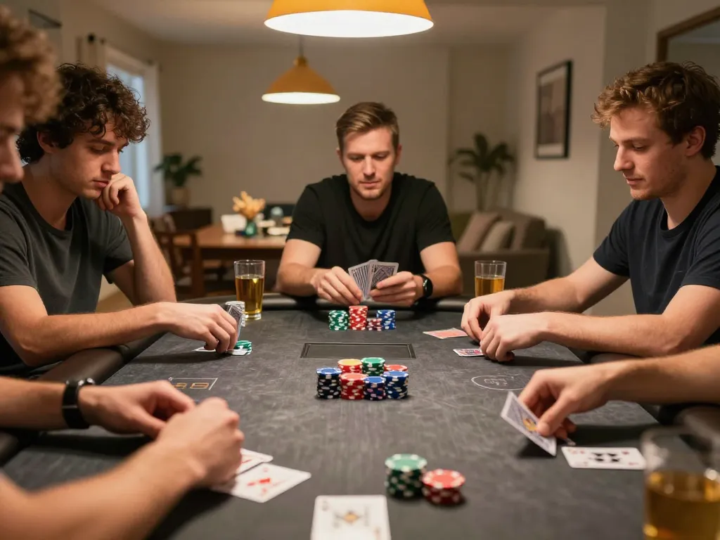 Xocdiaclub players engaging in an exciting home poker game with colorful chips and focused expressions.