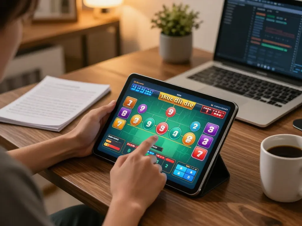Engaged player participating in xóc đĩa online with tablet in home setting, showcasing interactive gambling