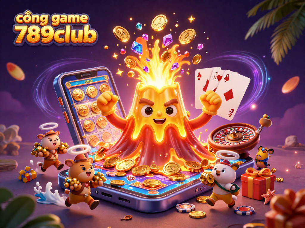 Experience the thrill of cổng game 789club with vibrant casino treasures erupting from a volcano.