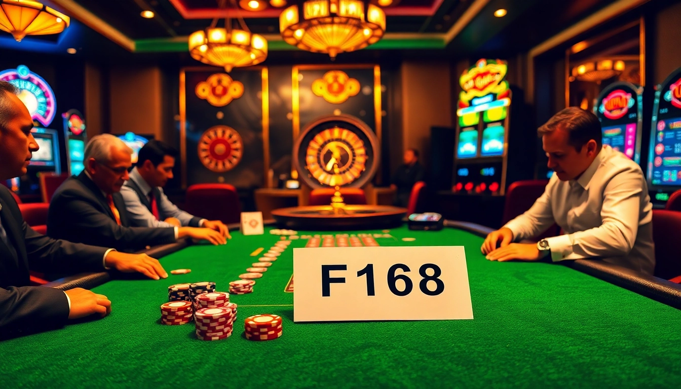 Experience F168's thrilling poker game atmosphere with vibrant chips and action-packed scenes.