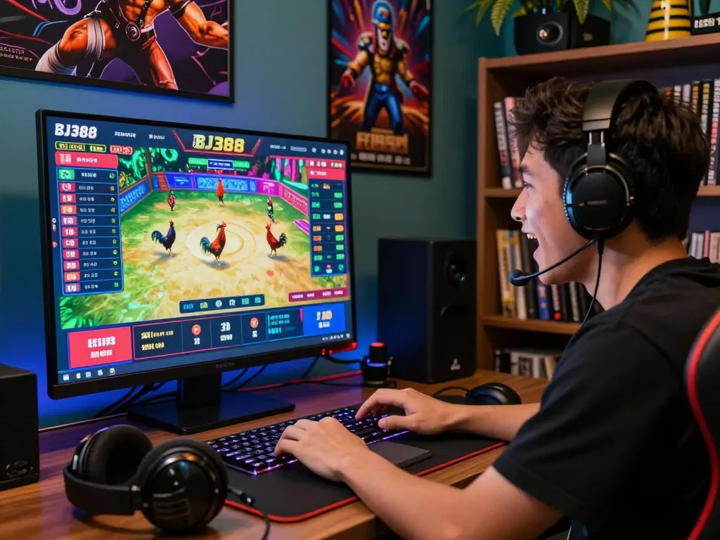 Exciting online gaming experience at https://bj388.my showcasing live cockfighting matches and vibrant betting interfaces.