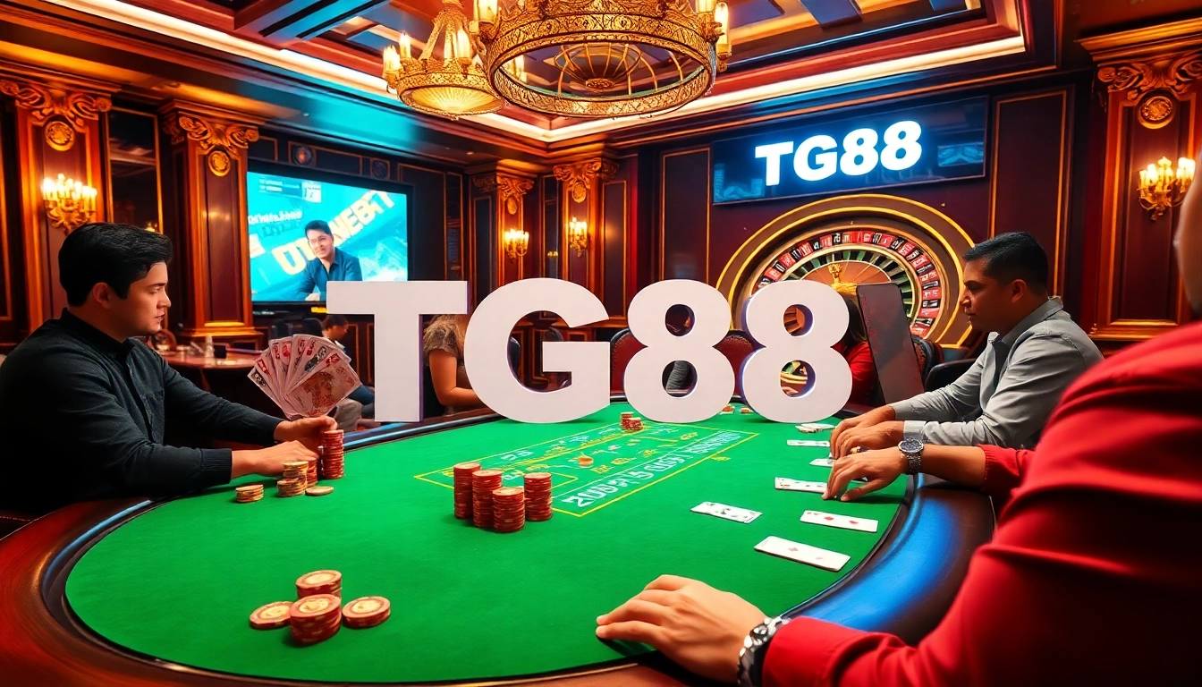 Experience high-stakes gambling with TG88 at an opulent poker table featuring colorful chips.