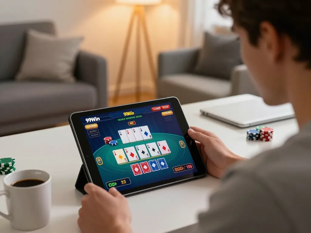 Engage in dynamic online blackjack at 99Win with a cozy home setup and vibrant interface.