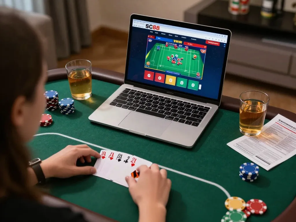 SC88 player strategizing in an engaging online poker game at home with laptop and notes.