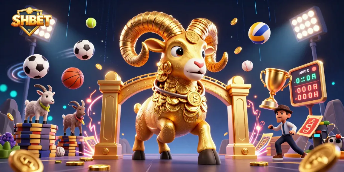 Experience exciting wins with SHBET at a dynamic casino scene featuring a golden ram and vibrant sports elements.
