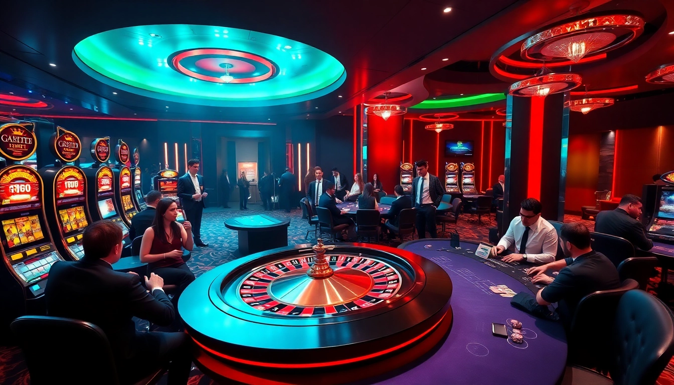A dynamic casino scene at https://tg88a.me/, showcasing players enjoying roulette and slot machines in a vibrant atmosphere.