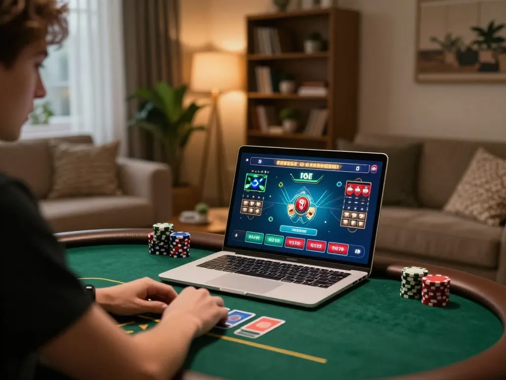 Players engage with MB66 online casino from a cozy home setup, enjoying interactive poker gameplay.