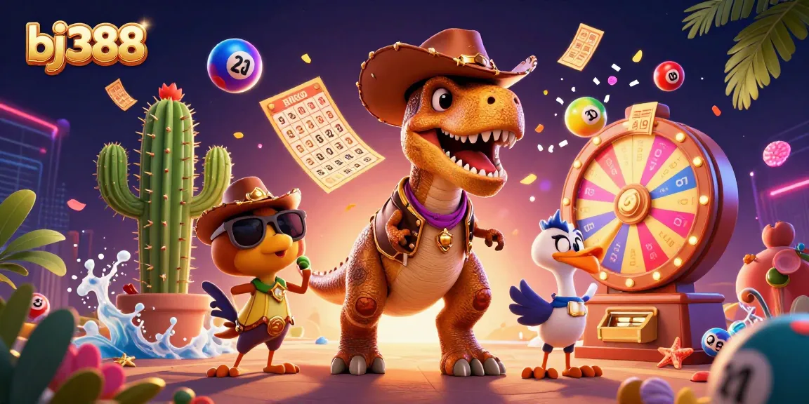 Bets are placed on bj388 with colorful lottery balls, a dinosaur, and vibrant gaming elements.