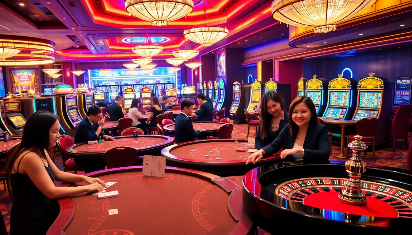 Nohu-themed casino scene with vibrant tables, roulette wheels, and excited gamblers enjoying games.