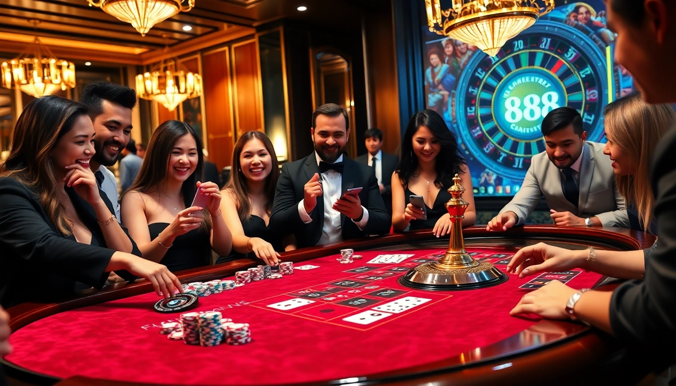 RR88 gamblers enjoying a vibrant casino experience with poker chips and cards.
